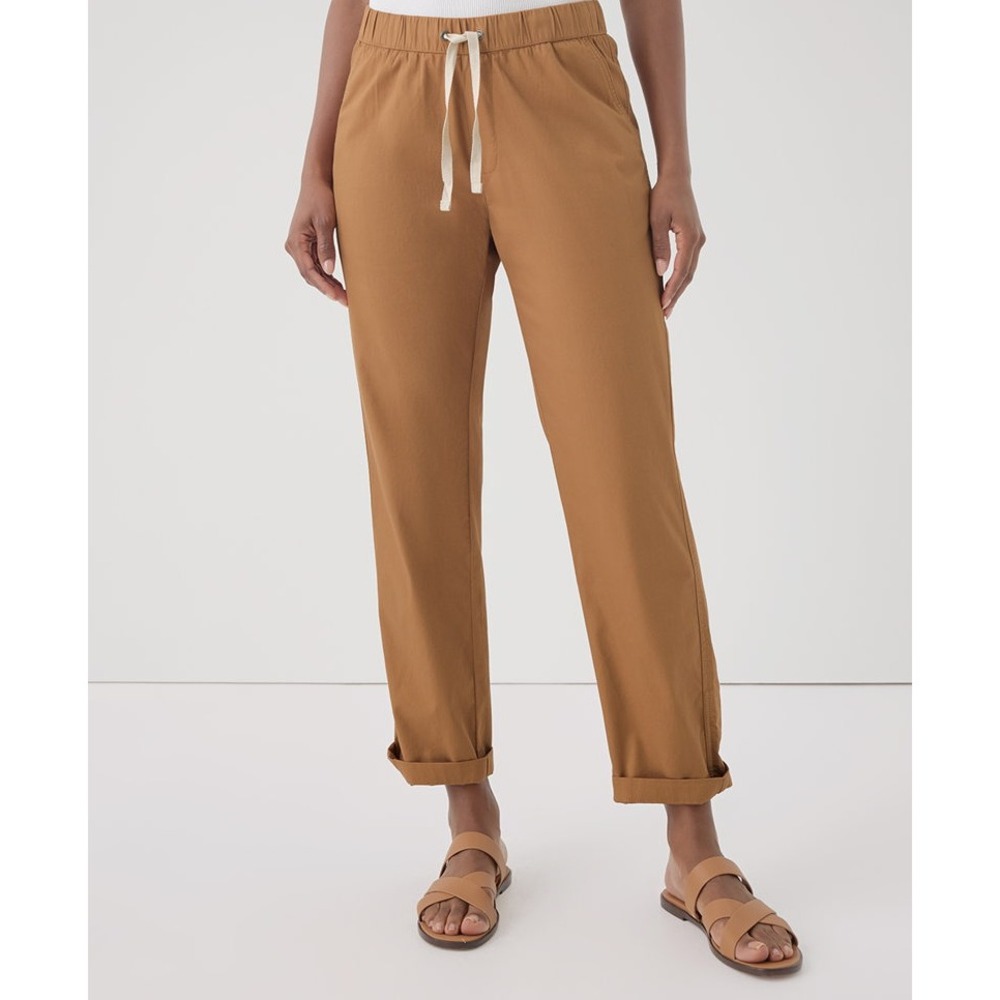 Pact Organic Daily Twill Pants Womens M Camel Beige Stretch Cotton Elastic Waist